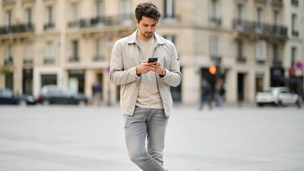 Jeune adulte d'environ 25 ans consultant son application bancaire sur smartphone dans un environnement urbain français moderne.