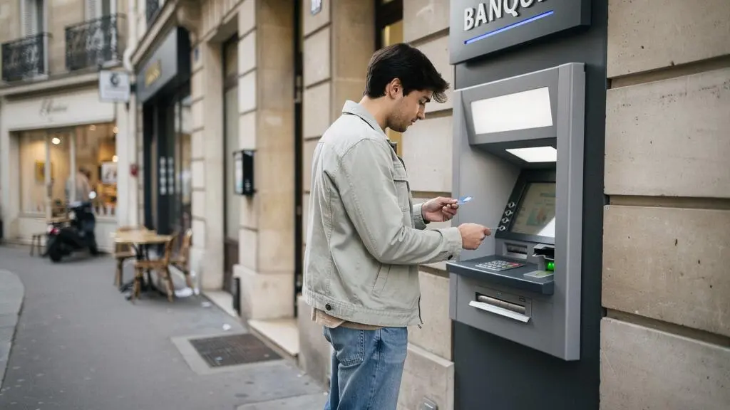 Jeune adulte effectuant une opération bancaire à un distributeur automatique dans un environnement urbain français.