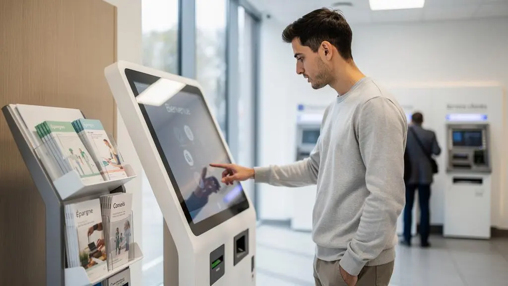 Jeune adulte debout dans l'espace libre-service d'une agence bancaire moderne, consultant des informations sur les produits d'épargne.